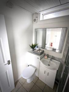 a white bathroom with a toilet and a sink at Cosy 2-bedroom house in Leith in Edinburgh