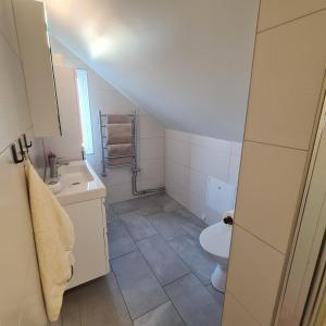 a small bathroom with a sink and a toilet at Villa Sandgatan in Falkenberg