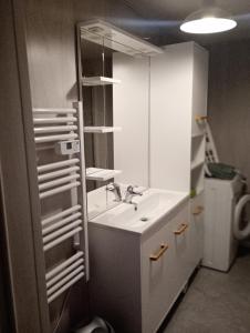 a bathroom with a sink and a mirror at Maison de vacances La Menou in Saint-Pierre-dʼOléron