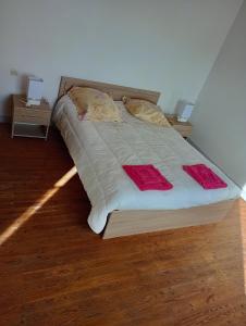 a bed with two pillows on it in a bedroom at Maison de vacances La Menou in Saint-Pierre-dʼOléron