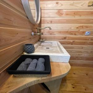 uma casa de banho com um lavatório numa parede de madeira em La roulotte du verdon em Quinson