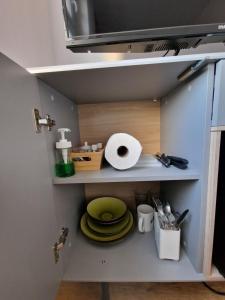 a kitchen with a shelf with plates on it at Apartamenty Zakonne "Apartament Rycerza" in Malbork