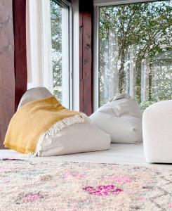 dos almohadas sentadas en el suelo junto a una ventana en Agriturismo "Le Cannelle" spa & day wellness, en Fossombrone