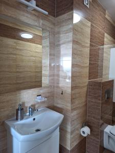 a bathroom with a sink and a mirror and a toilet at Apartament Słoneczny in Dziwnów