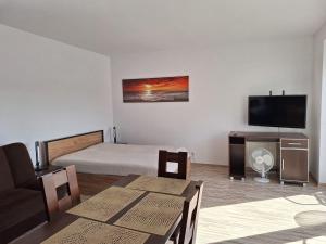 a living room with a bed and a flat screen tv at Apartament Słoneczny in Dziwnów