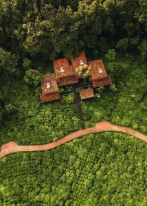 an overhead view of a building in a forest at One&Only Nyungwe House in Rwumba