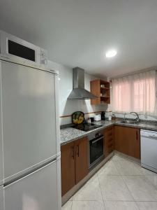 a kitchen with a white refrigerator and wooden cabinets at Toto&Koko apartment in Denia