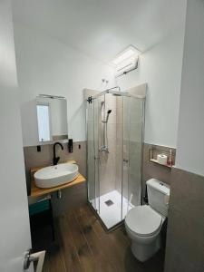 a bathroom with a shower and a toilet and a sink at Casa Ohana in Maspalomas
