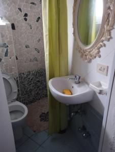 La salle de bains est pourvue d'un lavabo, de toilettes et d'un miroir. dans l'établissement Ischia forio monolocale arredato, à Ischia