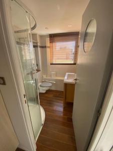 a bathroom with a shower and a toilet and a sink at Ile de Porquerolles : T3 climatisé vue mer in Porquerolles