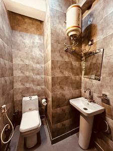 新德里的住宿－Hotel Franklein Suites At Delhi Airport，一间带卫生间和水槽的浴室