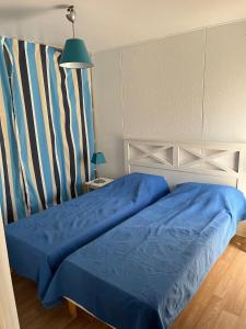a bed in a room with a blue comforter at Patrimoine et immobilier Villas du Lac in Soustons