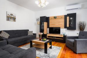 a living room with two couches and a tv at Charmantes Apartment im Grünen mit Pool in Labin