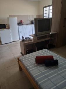 sala de estar con TV de pantalla plana y sofá en Pousada Villa Argos Guesthouse en Piracicaba