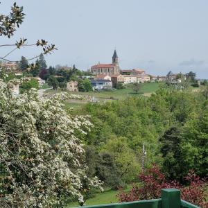 Blick auf eine Stadt von einem Hügel mit Bäumen in der Unterkunft La Blache in Saint-Sylvestre