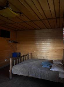 ボロフタにあるKhatky Na Penkakhの木製の天井の木製の部屋のベッド1台