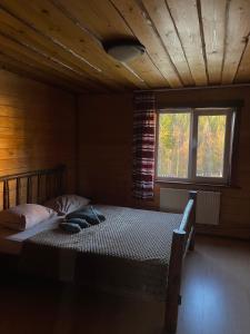 een slaapkamer met een bed in een kamer met een raam bij Khatky Na Penkakh in Vorochta