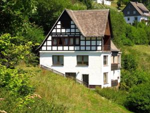 una casa blanca al lado de una colina en Kurhaus am Nordenau - 10 pers, en Schmallenberg