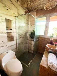 トルにあるAPARTASUITE A UN PASO DEL MARのバスルーム(トイレ、ガラス張りのシャワー付)