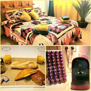 布爾日的住宿－L'Harmonie de Naya, confort , parking privé，一张床上的三张照片,上面有食物和橙汁