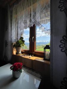 a window with a vase of flowers on a table at Chata na Grapie in Biały Dunajec
