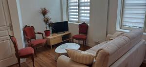 a living room with a couch and chairs and a tv at Élégant 2 chambres, Les Dentellières de la Cathédrale in Troyes