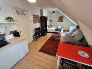 eine Küche und ein Wohnzimmer mit einem Sofa und einem Tisch in der Unterkunft Les studios d'Eric N6 in Tours