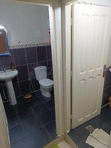 La salle de bains est pourvue de toilettes et d'un lavabo. dans l'établissement appartement berkane, à Berkane