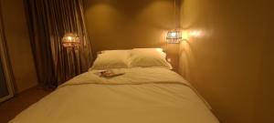 a bedroom with a bed with two lights on the wall at Mindyourbusiness villa in Abuja