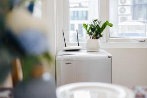 a plant sitting on top of a cpu with a window at COSY HOUSE - CENTER'S TAY HO - CLOSE THE LAKE in Hanoi +43 photos