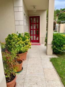 una puerta roja en un edificio con plantas en macetas en L'angolo verde apartment, en Moncalieri
