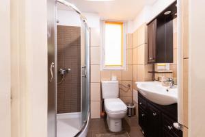 uma casa de banho com um WC, um lavatório e um chuveiro em Urban Rooms em Budapeste