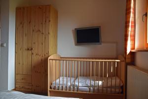 ein Kinderbett in einem Schlafzimmer mit einem TV an der Wand in der Unterkunft Luxus-Ferienwohnung für Ruhesuchende in der Natur in Uchte