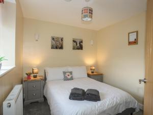 a bedroom with a white bed with two night stands at Tregynrig Bach in Cemaes Bay