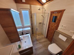 uma casa de banho com um WC, um chuveiro e um lavatório. em Gemütliches Ferienhaus Lea für 5 Personen mit Sauna und Kaminofen von Privat im Ferienpark Extertal em Extertal