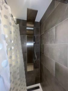 La salle de bains est pourvue d'une douche avec rideau de douche. dans l'établissement NDO DARTFORD LUXX PRIVATE ENSUITE-ROOM, à Dartford