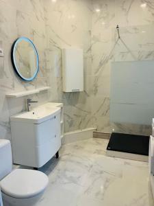 een witte badkamer met een toilet en een spiegel bij Le Petit Paradis : 2-4 pers WIFI in Boulogne-sur-Mer