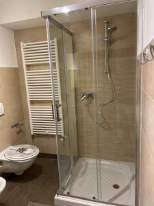 ein Bad mit einer Dusche und einem WC in der Unterkunft Villetta sulle dolomiti in Pracorno di Rabbi
