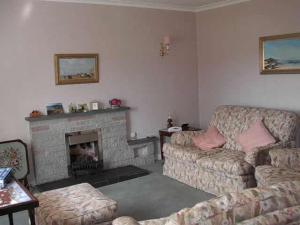 Rowanhill Cottage في أكاريكيل: غرفة معيشة مع أريكة ومدفأة