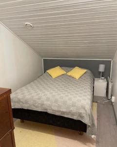 1 dormitorio con 1 cama con 2 almohadas amarillas en Tahkontilhi en Kuopio