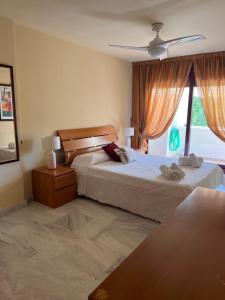 1 dormitorio con 2 camas y ventana en Apartamentos Parque Botanico, en Estepona