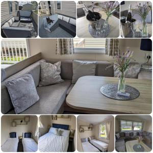 a collage of photos of a living room with a couch at Luxury Hot Tub Caravan Tattershall in Tattershall