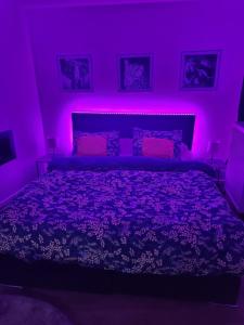 Dormitorio púrpura con cama con iluminación púrpura en L'orchidée, en Verviers
