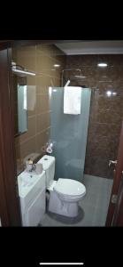 ein Bad mit einem WC, einem Waschbecken und einer Dusche in der Unterkunft Hotel Palma in Dragash