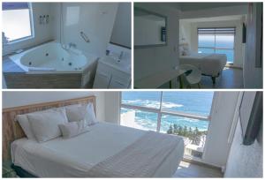 a hotel room with a bed and a bathroom with a tub at Dei Templi Apart Hotel in Viña del Mar
