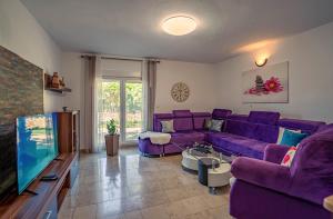 a living room with a purple couch and a tv at Koky in Juršići