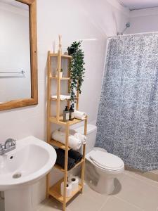 uma casa de banho com um lavatório, um WC e um chuveiro em Apartamento a pasos de la playa em Punta Cana