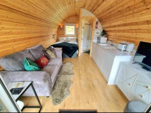 uma sala de estar com um sofá numa cabana de madeira em Forester's Retreat Glamping - Dinas View em Aberystwyth
