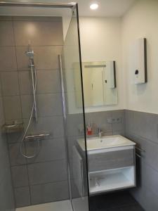 La salle de bains est pourvue d'une douche et d'un lavabo. dans l'établissement Ferienhaus für 3 Personen in Burscheid, Nordrhein-Westfalen, à Burscheid