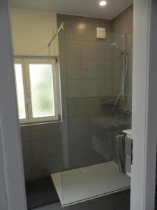 La salle de bains est pourvue d'une douche en verre et d'une fenêtre. dans l'établissement Ferienhaus für 3 Personen in Burscheid, Nordrhein-Westfalen, à Burscheid